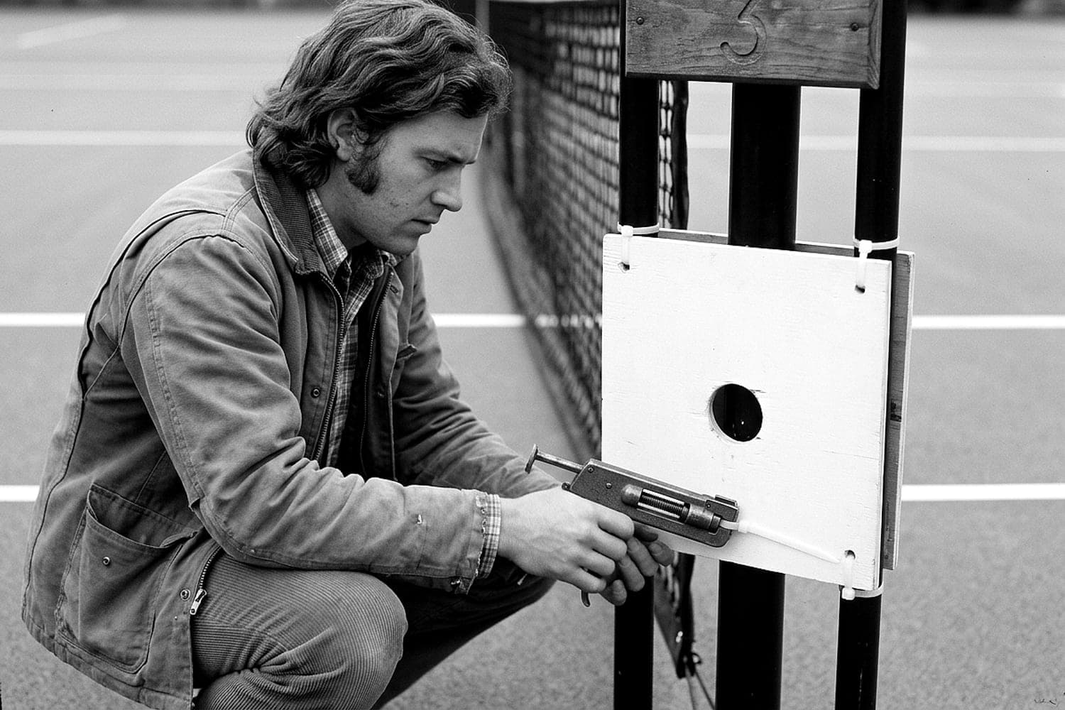 A man in work clothes kneels at a wooden post, fastening a plastic zip tie around a plywood board with a round hole cut into it.